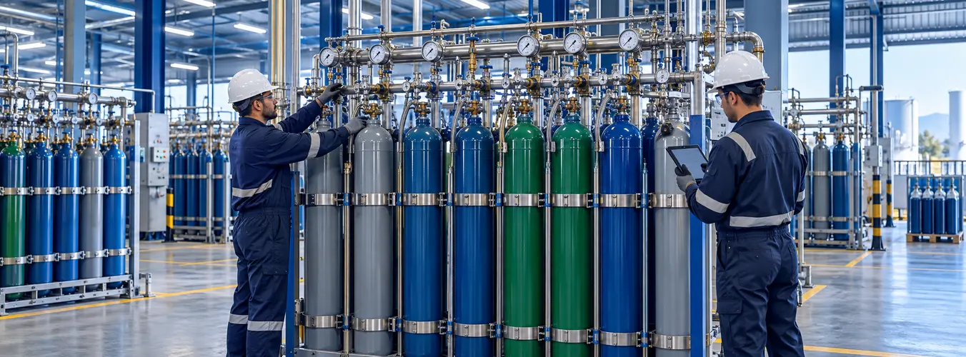 Imagem ilustrativa sobre como funciona o envase de gases industriais com aplicação segura e equipamentos adequados